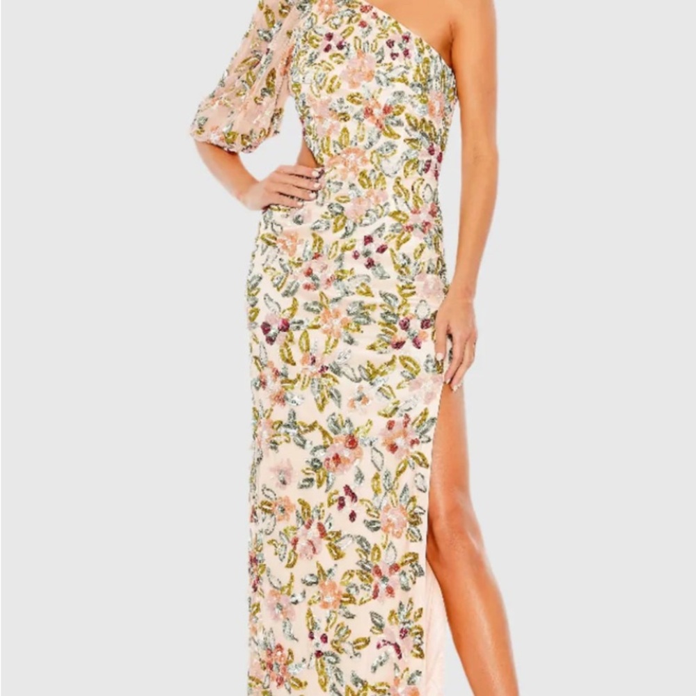 Mac Duggal Beige Floral Embellished  One-Shoulder Dress